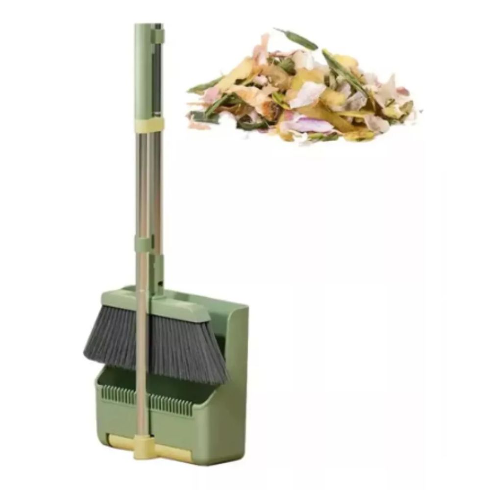 Escoba y Recogedor Plegable con Cerdas Resistentes y Borde Biselado, Mango Largo