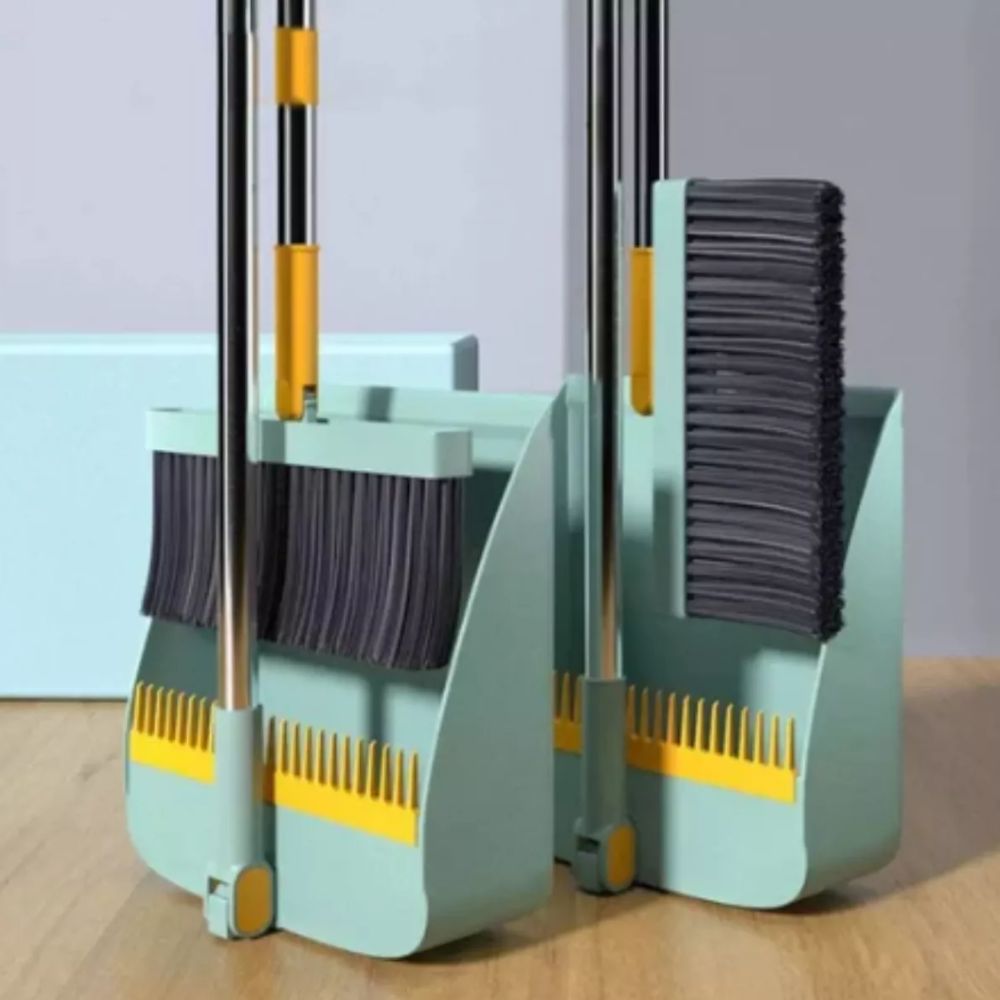 Escoba y Recogedor Plegable con Cerdas Resistentes y Borde Biselado, Mango Largo