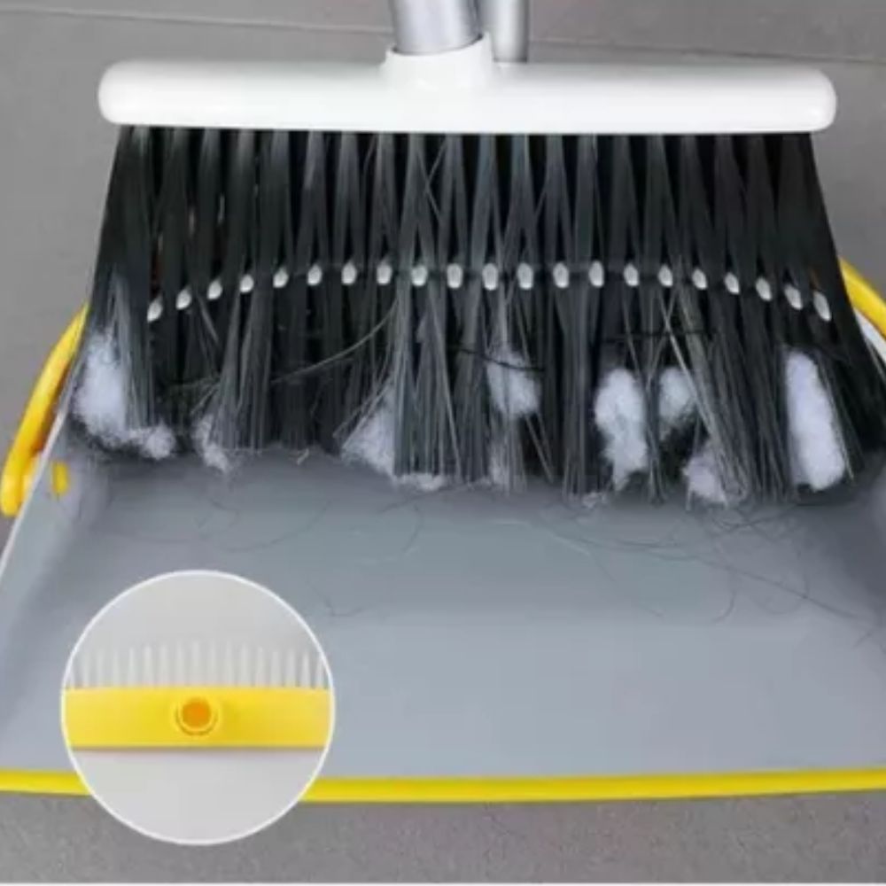 Escoba y Recogedor Plegable con Cerdas Resistentes y Borde Biselado, Mango Largo