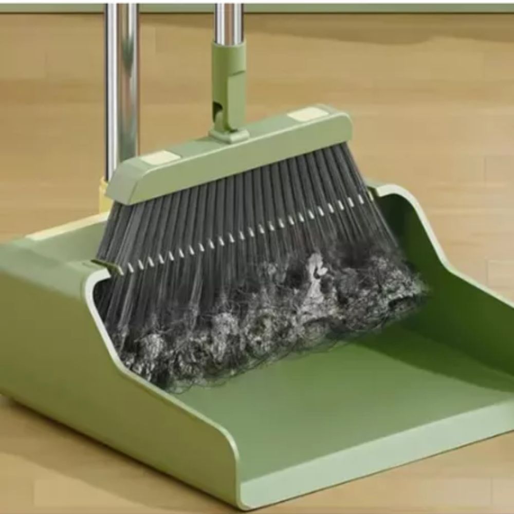 Escoba y Recogedor Plegable con Cerdas Resistentes y Borde Biselado, Mango Largo