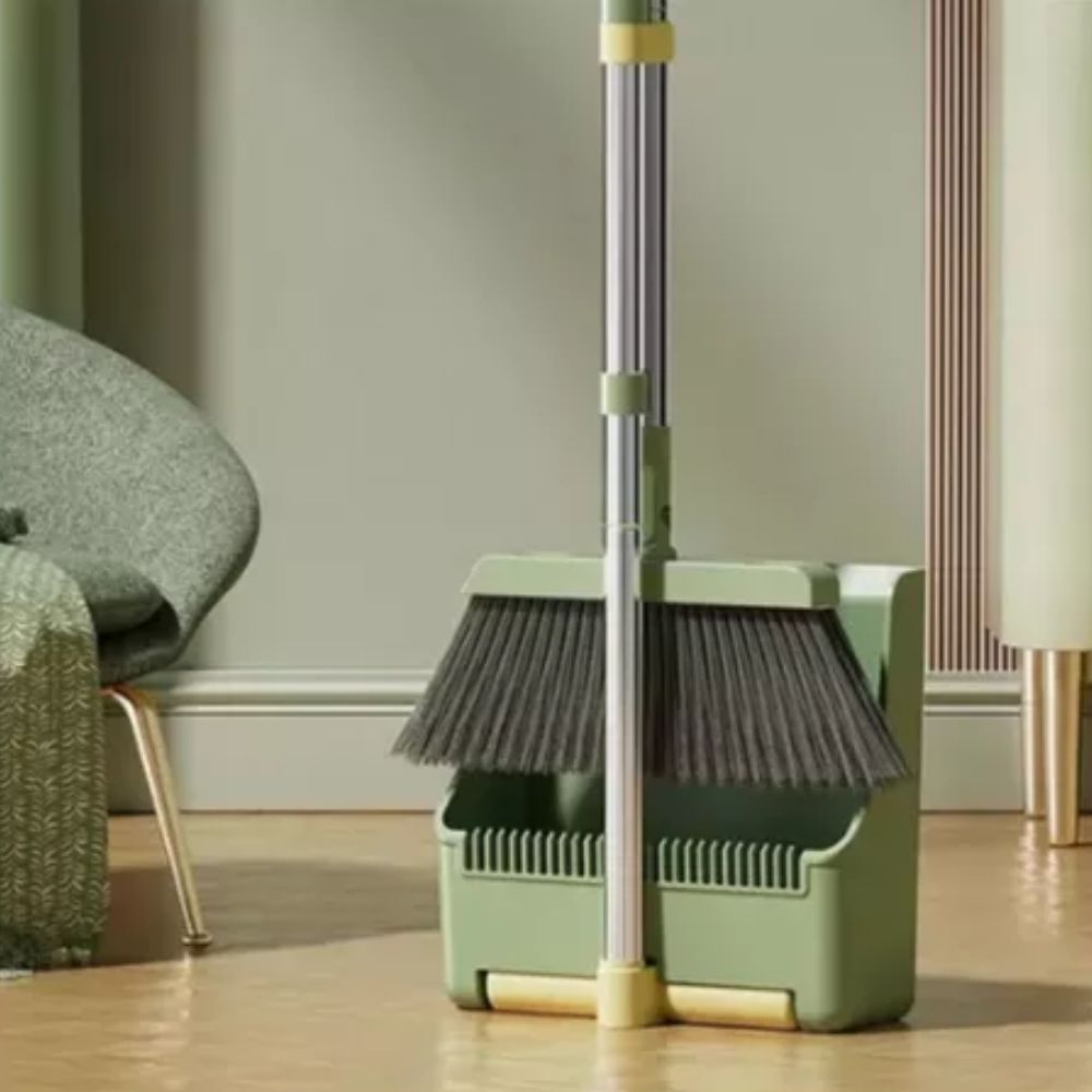 Escoba y Recogedor Plegable con Cerdas Resistentes y Borde Biselado, Mango Largo