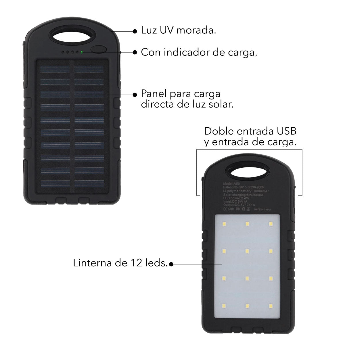 Power Bank Solar 4000mAh - Linterna LED + Luz UV + Doble USB