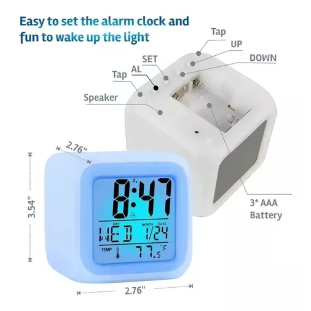 Reloj Despertador Cubo Luminoso Digital LED 7 Colores Pantalla Multicolor Moderno Portátil
