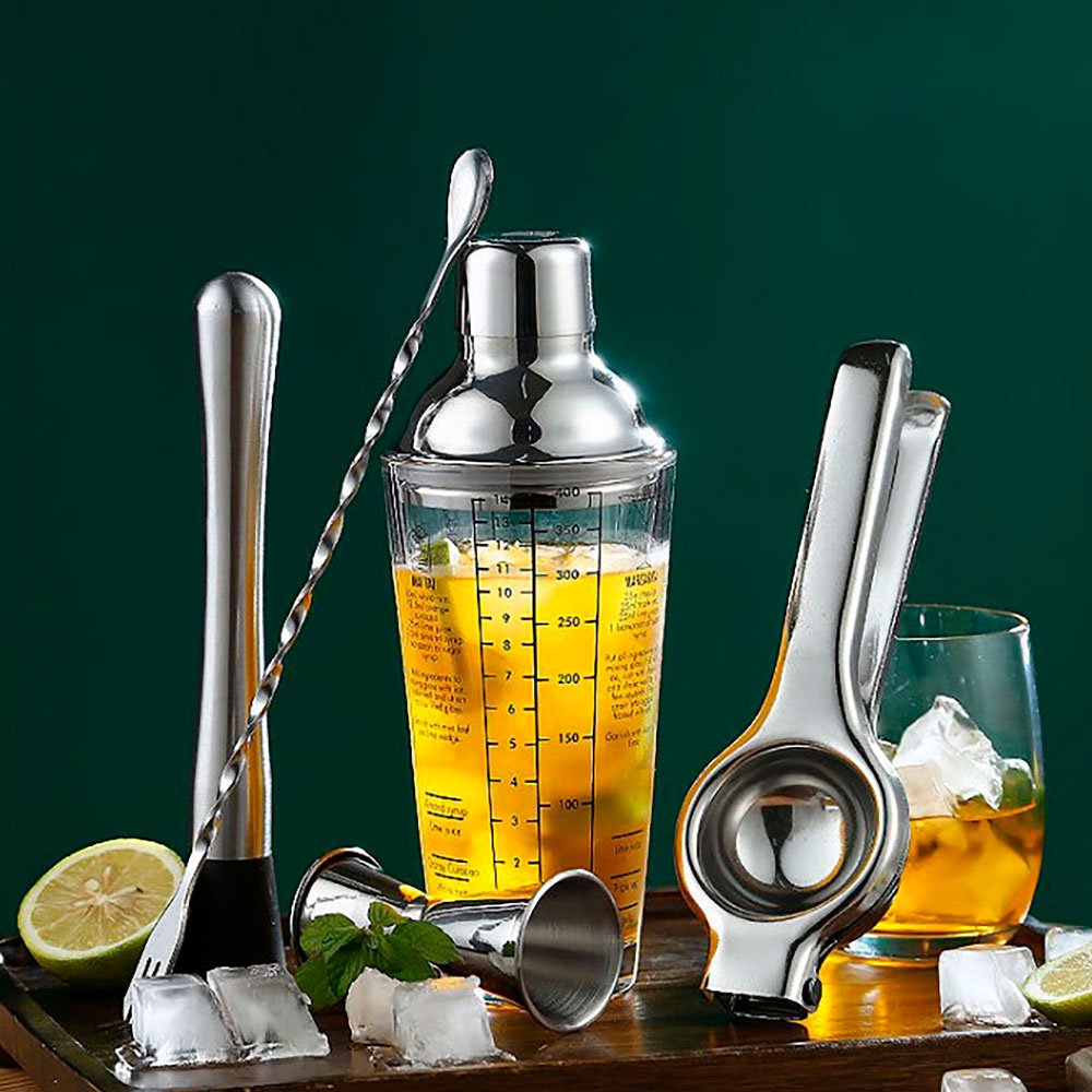 Kit de Coctelería 5 Piezas con Recetario – Mezclador de Vidrio 400ml, Exprimidor