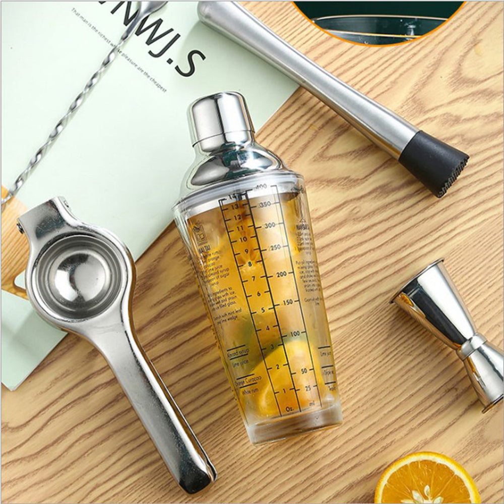 Kit de Coctelería 5 Piezas con Recetario – Mezclador de Vidrio 400ml, Exprimidor