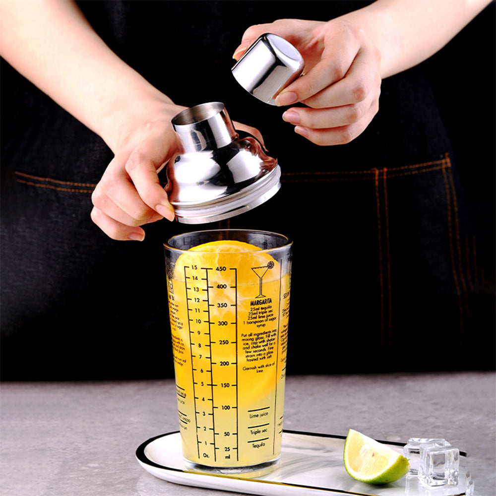 Kit de Coctelería 5 Piezas con Recetario – Mezclador de Vidrio 400ml, Exprimidor
