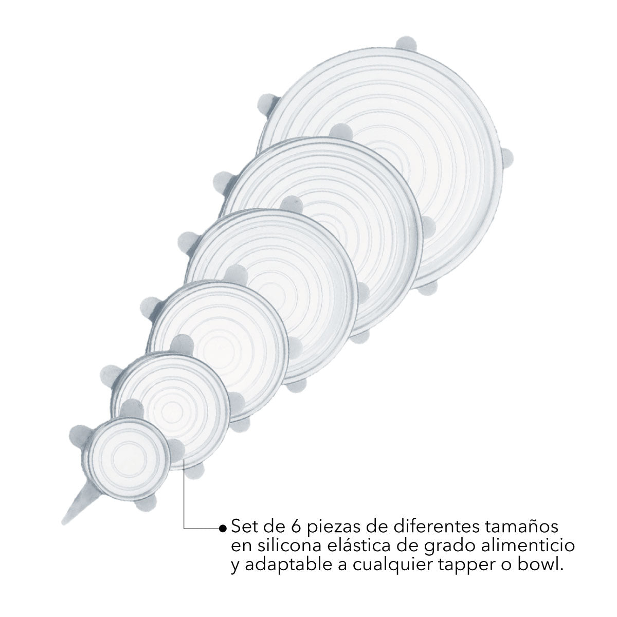 Set de 6 Tapas de Silicona Ajustables Reutilizables y Elásticas para Cocina Ecológicas y Herméticas