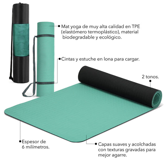 Tapete de Yoga Bitono 6mm en TPE - Antideslizante y Biodegradable con Estuche