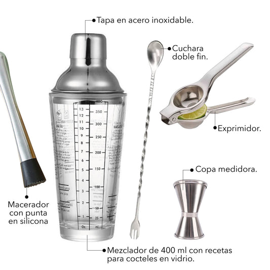 Kit de Coctelería 5 Piezas con Recetario – Mezclador de Vidrio 400ml, Exprimidor