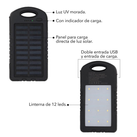 Power Bank Solar 4000mAh - Linterna LED + Luz UV + Doble USB
