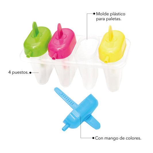 Molde para Paletas de Hielo 4 Puestos con Mangos de Colores