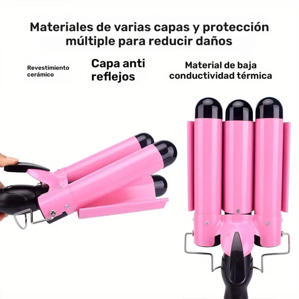 Pinza Onduladora 3 Tubos Rizos de Sirena Fáciles y Duraderos para Cabello con Calor Uniforme y Estilo Profesional