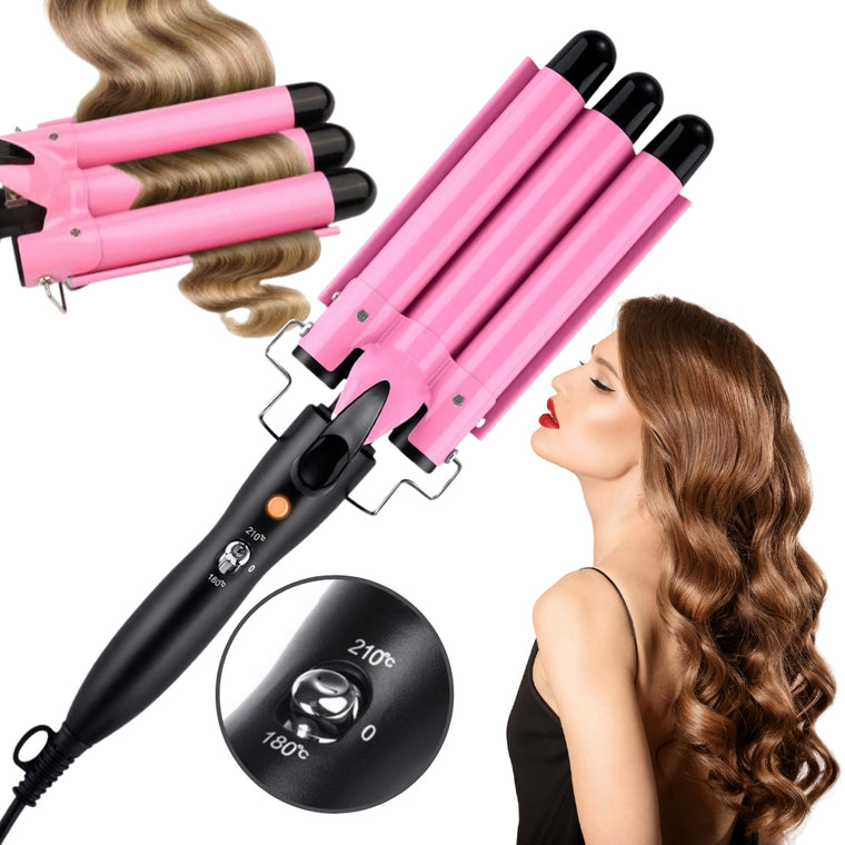 Pinza Onduladora 3 Tubos Rizos de Sirena Fáciles y Duraderos para Cabello con Calor Uniforme y Estilo Profesional