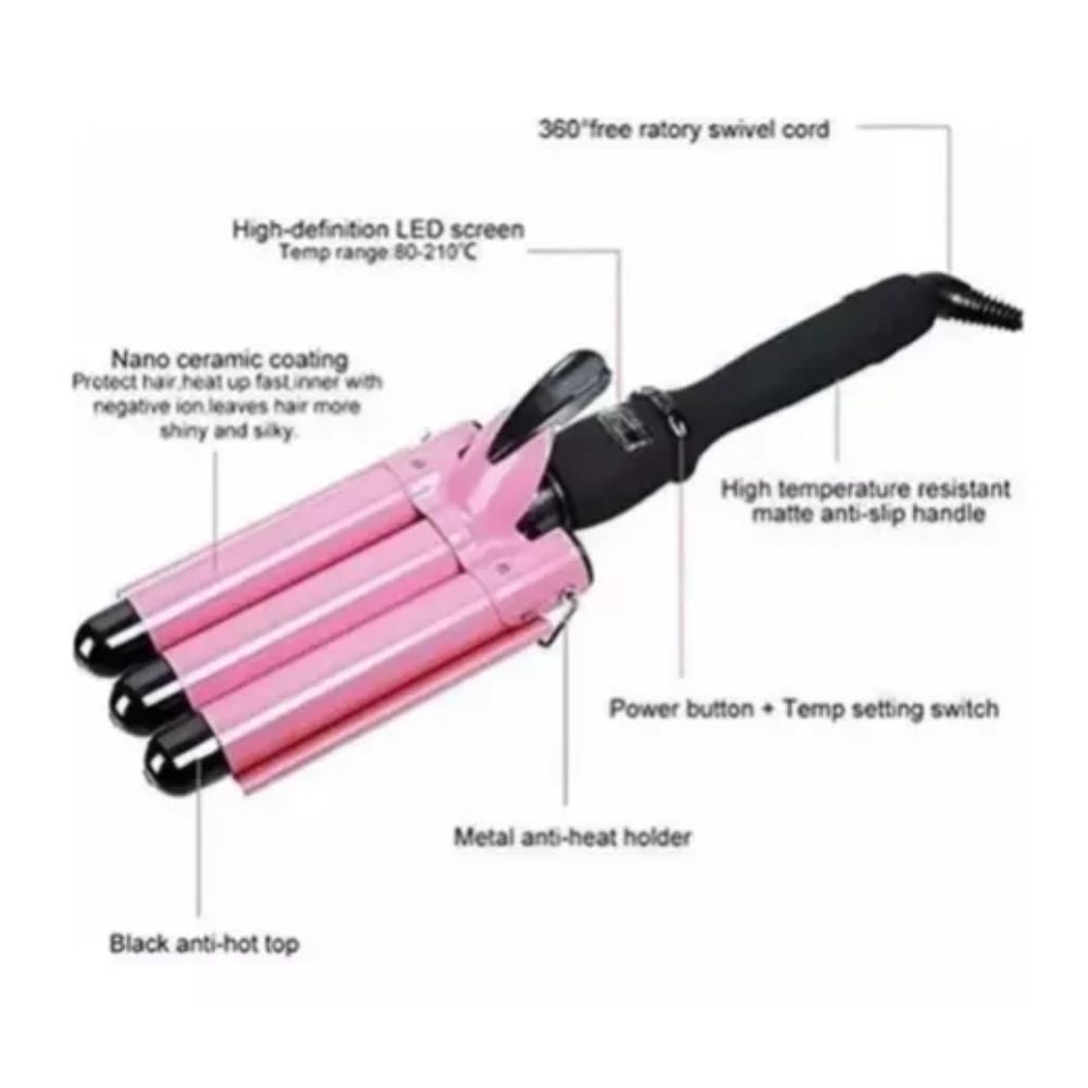 Pinza Onduladora 3 Tubos Rizos de Sirena Fáciles y Duraderos para Cabello con Calor Uniforme y Estilo Profesional