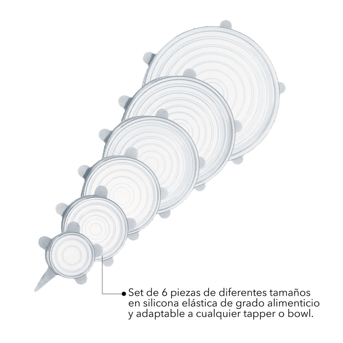 Set de 6 Tapas de Silicona Ajustables Reutilizables y Elásticas para Cocina Ecológicas y Herméticas