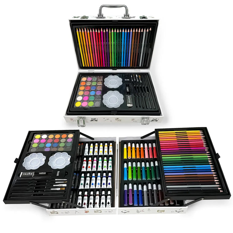 Set de Dibujo y Pintura 145 Piezas Maleta Metálica para Niños