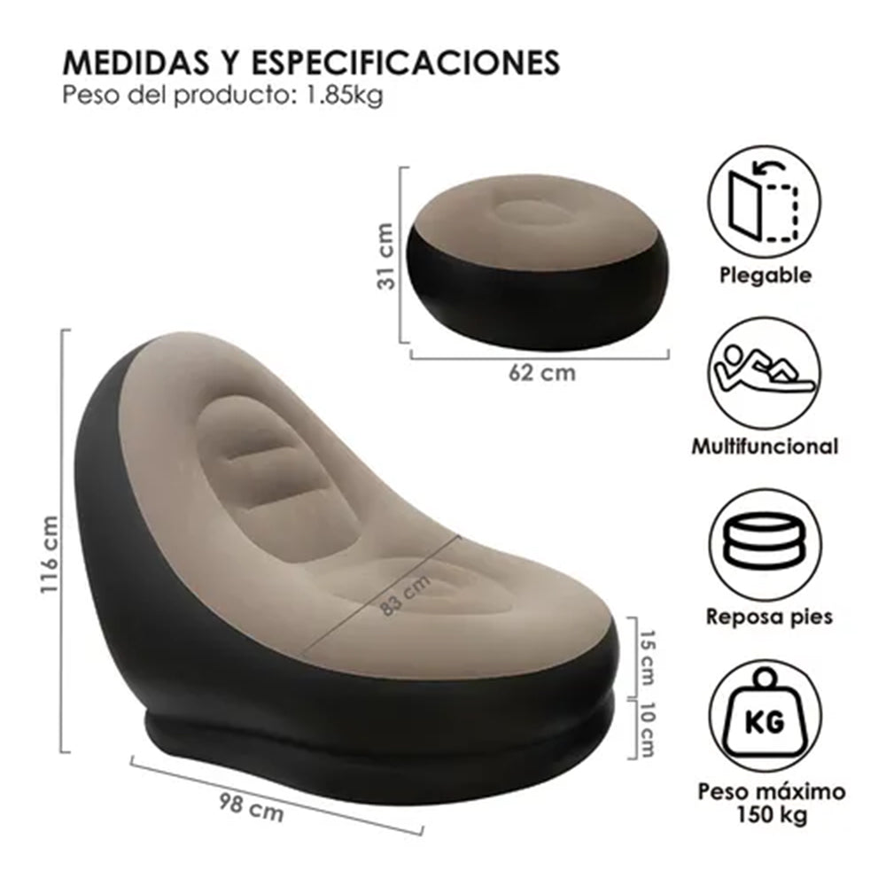 Sillón Inflable Puff Reclinable con Posapiés Comodidad Portátil PVC Terciopelo Ideal Interior Exterior